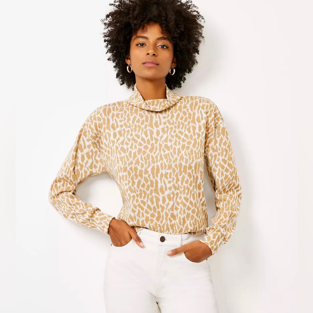 Ann Taylor Tan and Cream Animal Print Spotted Mock Neck Sweater